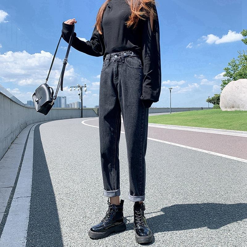 Весенне-осенние женские джинсовые брюки с высокой талией, свободные утягивающие джинсы, универсальные шаровары, укороченные брюки