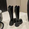 Женские массивные кожаные длинные сапоги 9 см высокий каблук Новые зимние сапоги до колена Теплый мех Панк обувь Платформа Мотоциклетные ботильоны Женщина