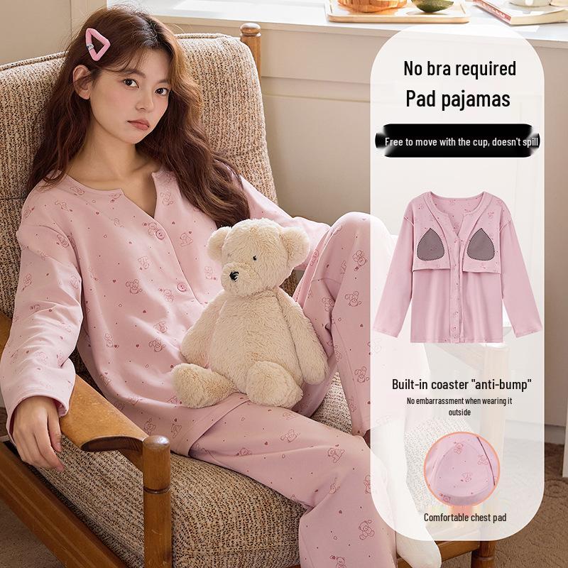 Женская пижама кимоно из хлопка с длинным рукавом и нагрудными вкладышами - милый мультяшный комплект с V-образным вырезом для весны и осени