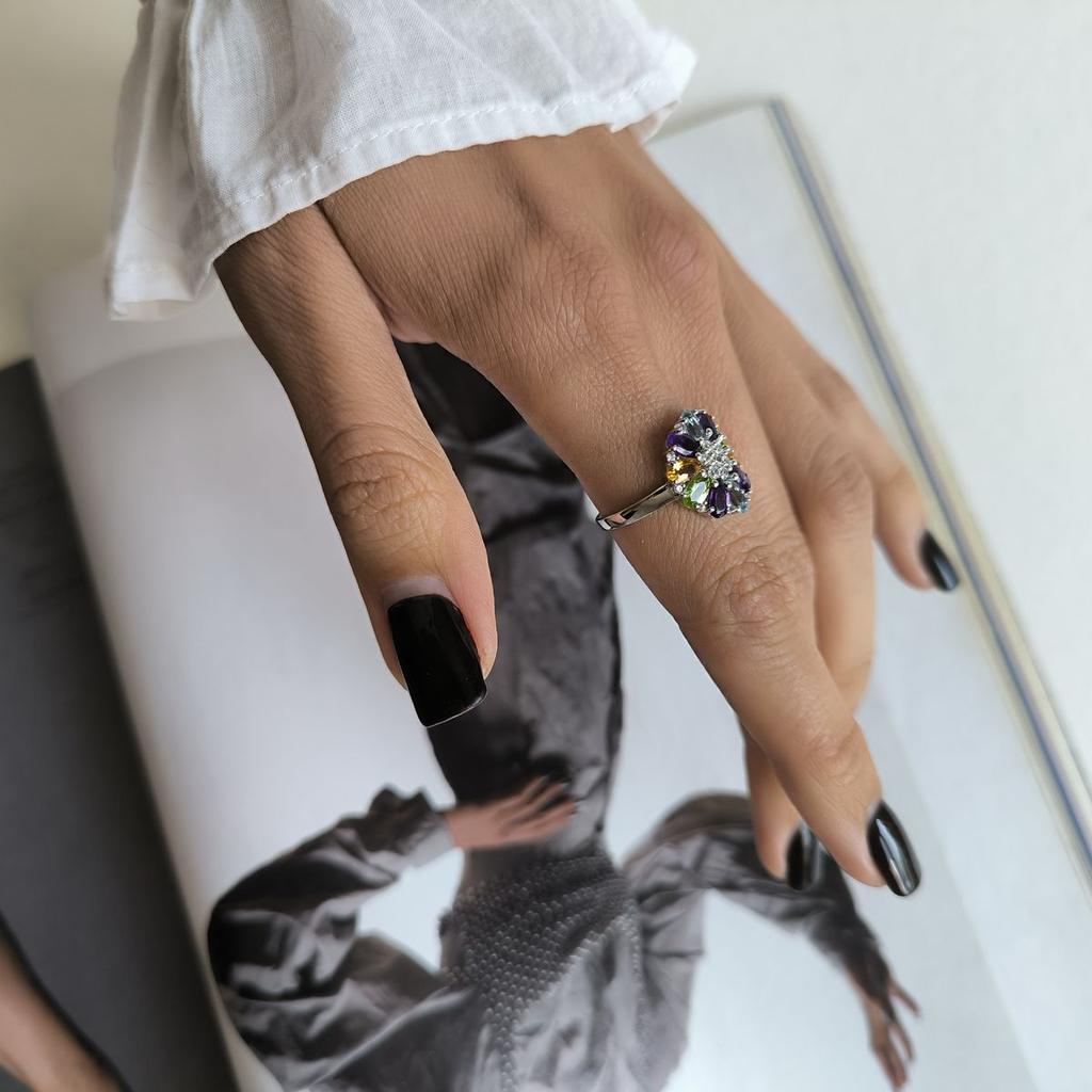 Серебряное кольцо с натуральным аметистом 3.048ct, цитрином, хризолітом, топазом, вес изделия 3,52 гр (2193333)