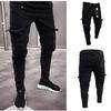 Men Autumn Winter Pants Denim Knee Hole Ripped Street Style Long Denim Pants Skinny Jeans Distressed Casual Jeans Trousers Hip Hop High Waist Pants