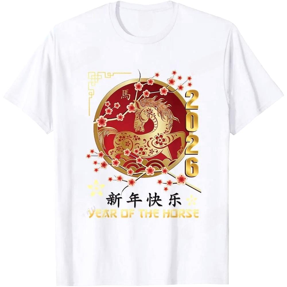 New Year 2026 Year of The Horse TShirt Shortsleeve Oneck Streetwear Classic Pattern Tees Summer Women Female Tshirt Clothing