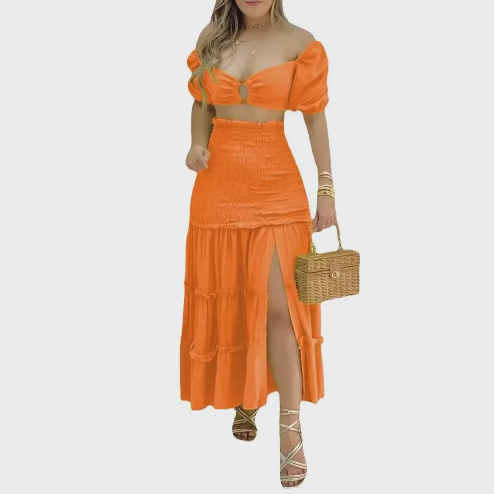 Summer 2023 Solid Color One-Shoulder High Slit Back Zipper Dress Set