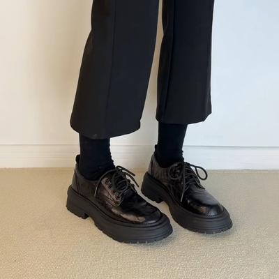 Версия из овчины~ британские кожаные туфли на толстой подошве со шнуровкой, женские универсальные туфли в стиле ретро-колледж на толстом каблуке с круглым носком