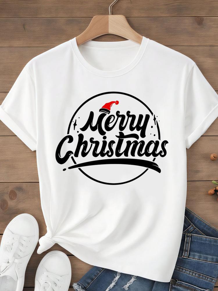 (Азиатский размер) Топ футболка фестиваль С Рождеством Новым годом Праздник Женская с надписью милый стиль Принт Леди Короткий рукав Мода Графические футболки