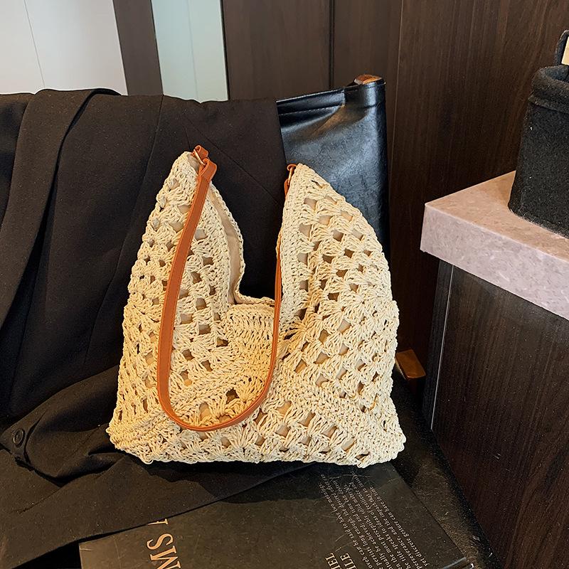 Summer Straw Woven Bag Women's New Seaside Vacation Beach Hollow Shoulder Tote Bag Woven Bag