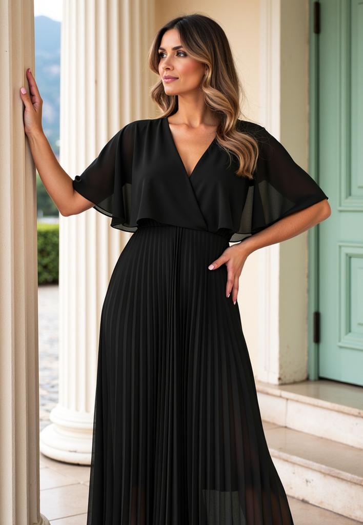 Sukienka Z Peleryną - Elegancka Sukienka Z Plisowanym Dołem - Czarna Sukienka M1123 S/M