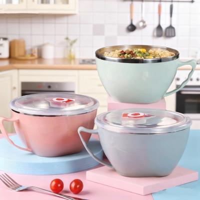 Миска из нержавеющей стали с ручкой, защита от ожогов, кухонная утварь, миска для смешивания для приготовления пищи, супа, лапши быстрого приготовления, однотонная, прочная миска