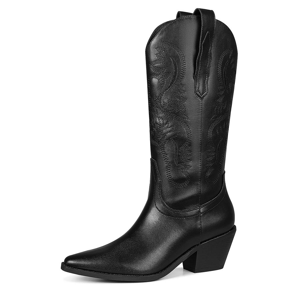 GIGIFOX женские вышитые сапоги в стиле вестерн длиной до середины голени на высоком каблуке с острым носком, легко надеваемые, универсальные сапоги для девушек-ковбоев StreetSnap