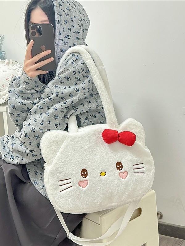 Hello Kitty Large Capacity Tote Bag With Plush Material For Daily Casual Use