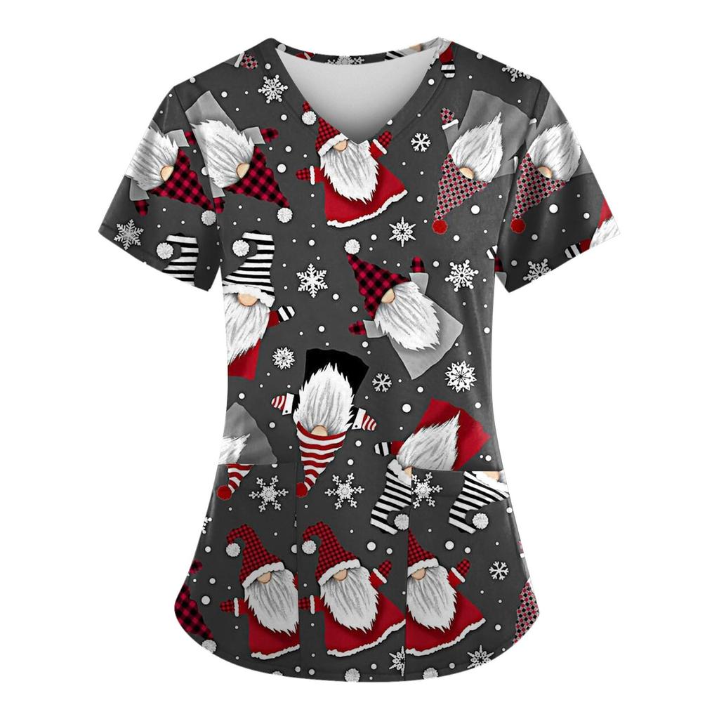 Women's Fashion Christmas Printed Short Sleeve V Neck Pattern Tops Pocket Working T-shirts