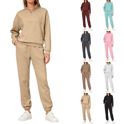 Модный женский повседневный комплект из двух предметов с лацканами на молнии и однотонной расцветкой