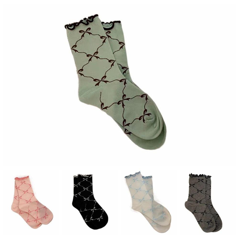 5Pairs Breathable Mid Tube Socks Thin Cotton Sweet Socks Women Cute Ruffle Bow Socks Streetwear