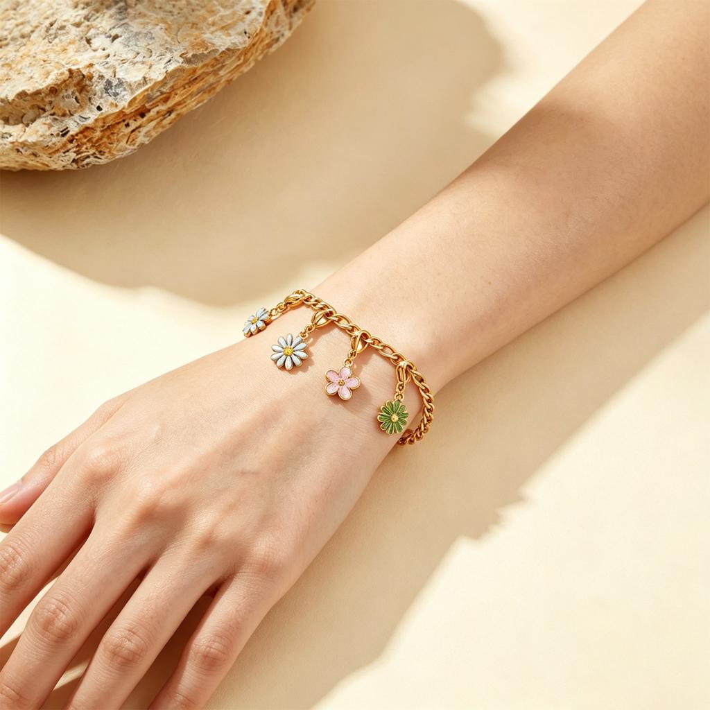 Teamer Enamel Flower Stainless Steel Charms With Lobster Clasp Gold Color DIY Pendant Making Bracelet For Woman Jewelry Gift 4