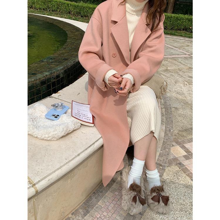Розовое кашемировое пальто свободного покроя в корейском стиле - двустороннее женское пальто из смесовой шерсти