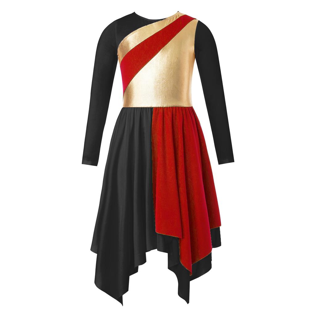 Детское платье для лирических танцев для девочек, асимметричная юбка с металлическим контрастом и длинными рукавами, платье для выступлений, костюмы