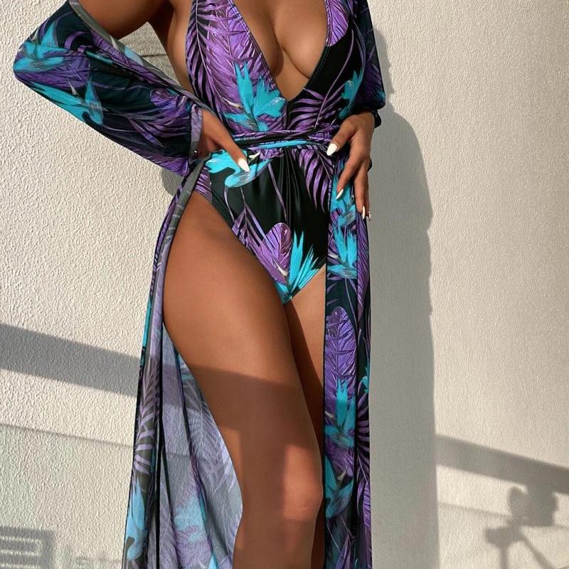 Women'S Beach Swimsuit One Piece Two Piece Cover Up One Piece Leaf Sexy Tight Bikini Set