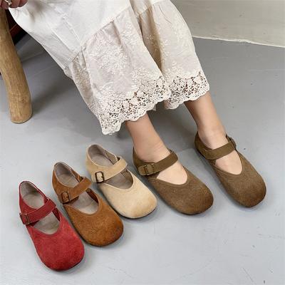 Ретро мягкая воловья кожа ремень пряжка неглубокие балетки универсальный круглый носок мягкая подошва женская обувь
