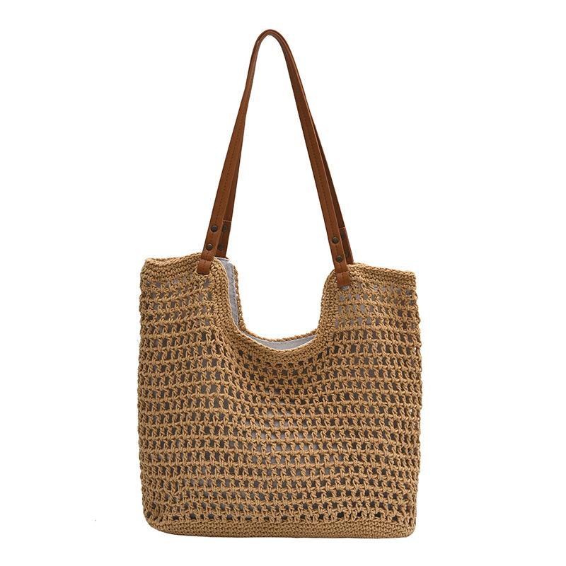 Straw bag women's large capacity 2025 new summer leisure shoulder bag shopping bag hollow woven bag beach bag