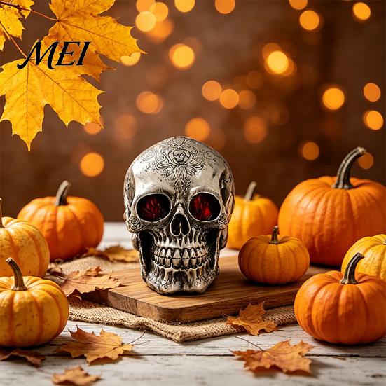 Halloween Party Supplies Resin Skull Figurine, Realistic Human Head Model, Spooky Holiday Gift for Horror Fans Statue Indoor Fireplace Kitchen Gothic