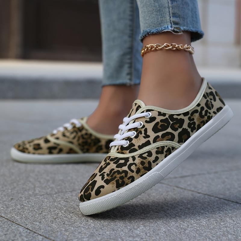 Leopard Print Women's Flat Sneakers | Casual Lace-Up Slip-On Shoes with Round Toe, Soft Fabric Upper, PVC Sole, Ideal for Spring and Summer
