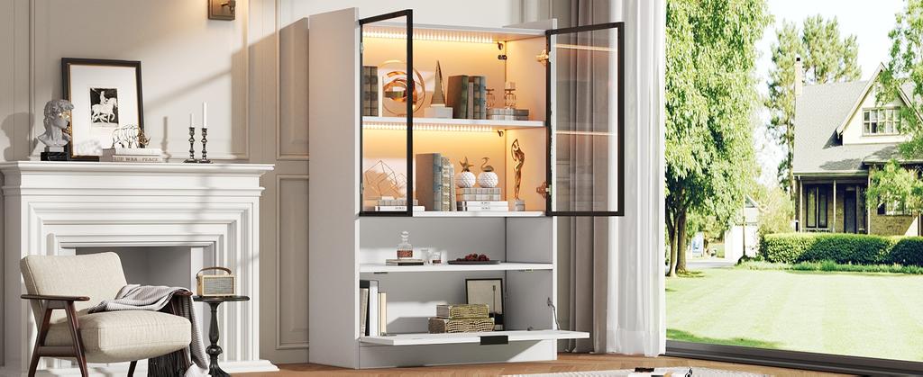 Modern LED Display Cabinet Height 120cm with LED Lighting, Living Room Cabinet with Glass Doors and Folding Door, Chipboard Display Cabinet, White