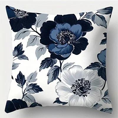 Navy blue peony flower pillowcase elegant peony sea anemone printed polyester sofa cushion retro blue and white flower home de