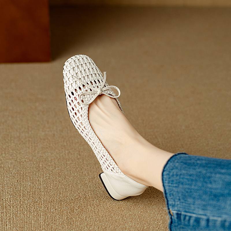 Krazing Pot Cow Skin Weaving Summer Size 41 Low Heels Party Shoes Women Square Toe Gladiator Butterfly-knot Hollow Out Pumps