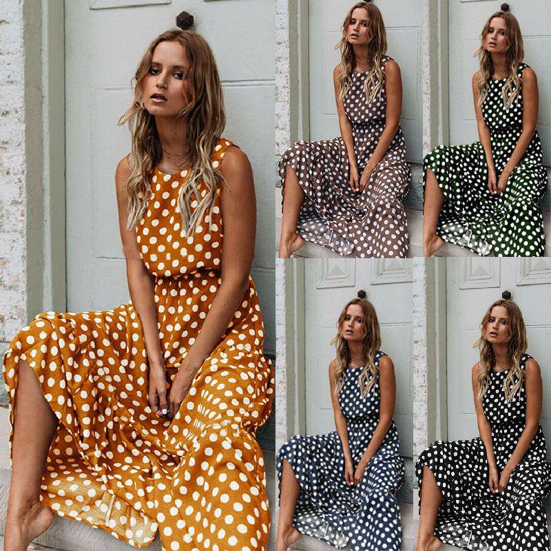 Стильное женское платье макси без рукавов в горошек, идеально подходящее для летних пляжных каникул