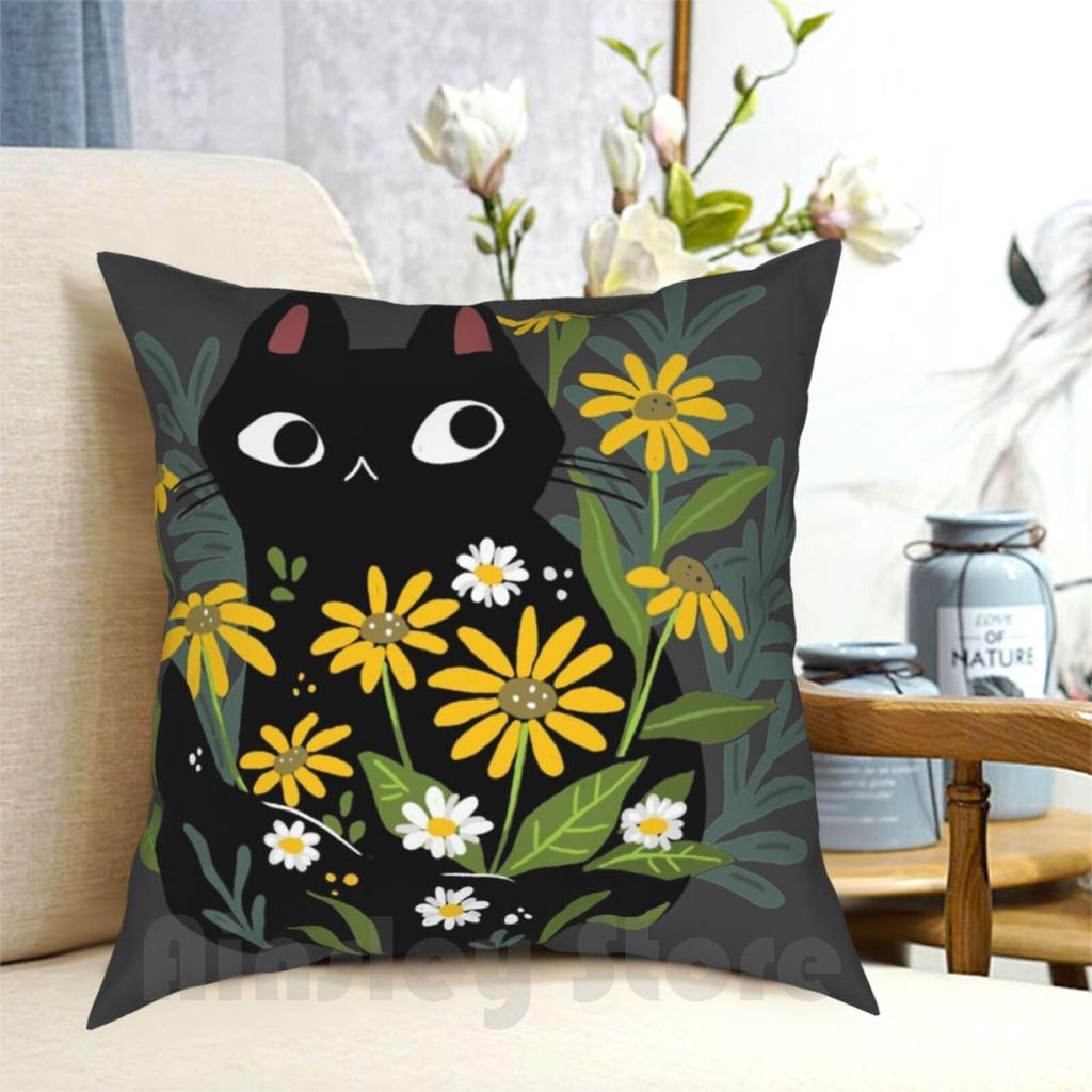 Black Cat With Flowers Pillow Case Printed Home Soft Throw Pillow Black Cat Cat Flowers Daisy Garden Folk Cat Love Crazy
