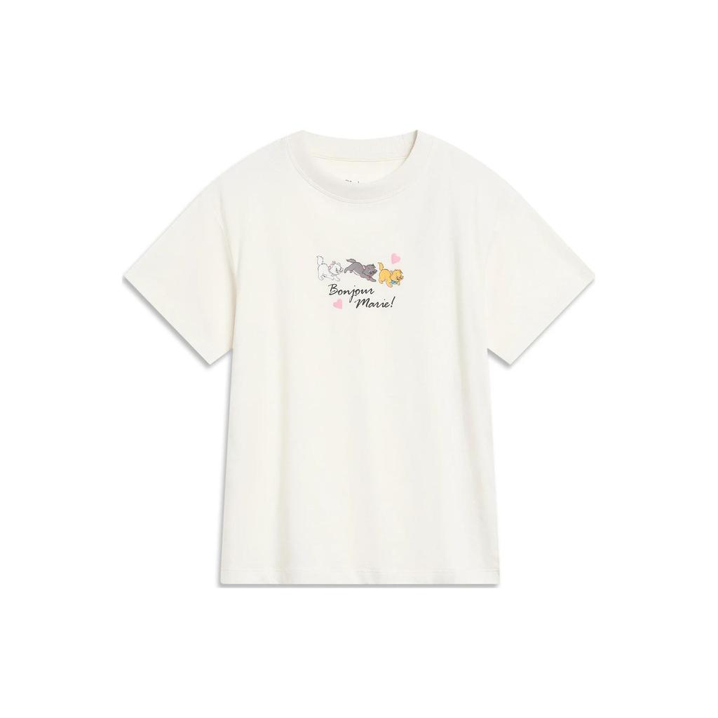 Li Ning X Disney Collaboration Marie Cat Series Cartoon Print Round Neck Short Sleeve T-Shirt Women Tops Off-White AHST612-1