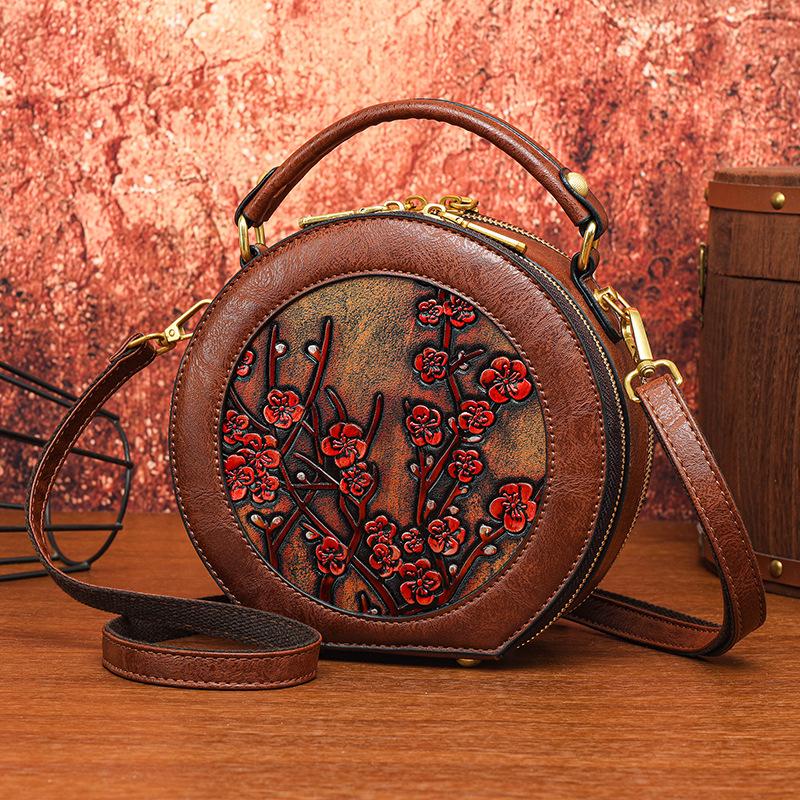 Этническая винтажная круглая сумка через плечо - женская сумка через плечо с резным цветком ручной работы, минималистичная текстура, сумка-тоут большой вместимости
