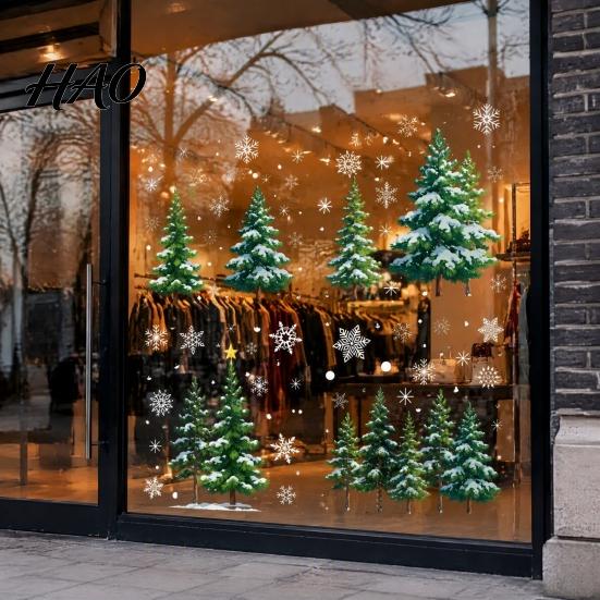 Winter Window Decoration 2Pcs Christmas Snowflake Clings, Green Pine Tree Static Glass Reusable Adhesive Stickers, Snow Dots Xmas Decals for Home Shop