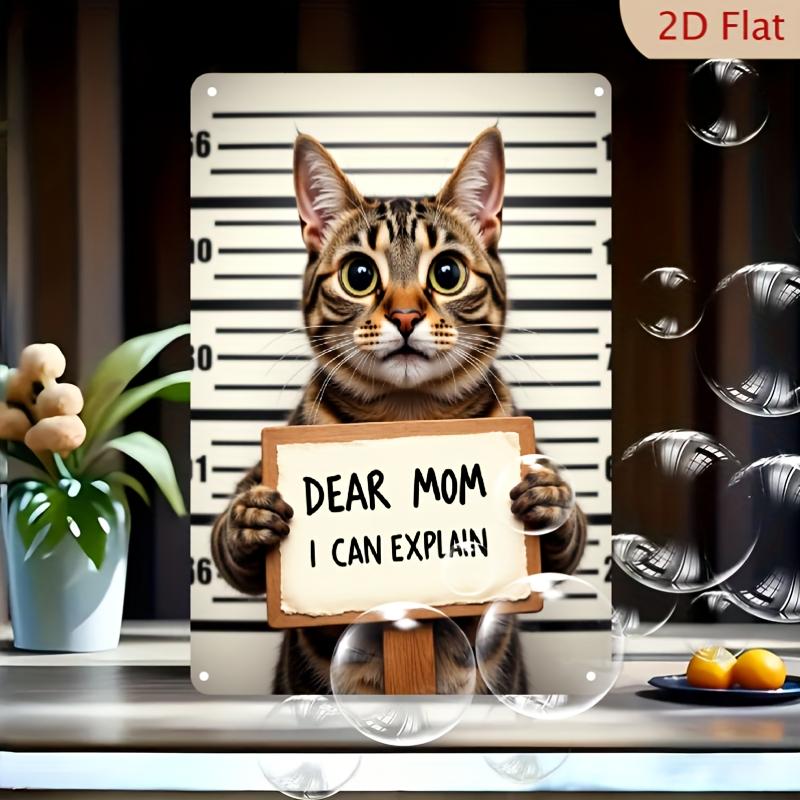 Vintage Metal Foil Cat Wall Art Humorous Gray Cat with Yellow Eyes Dear Mom I Can Explain