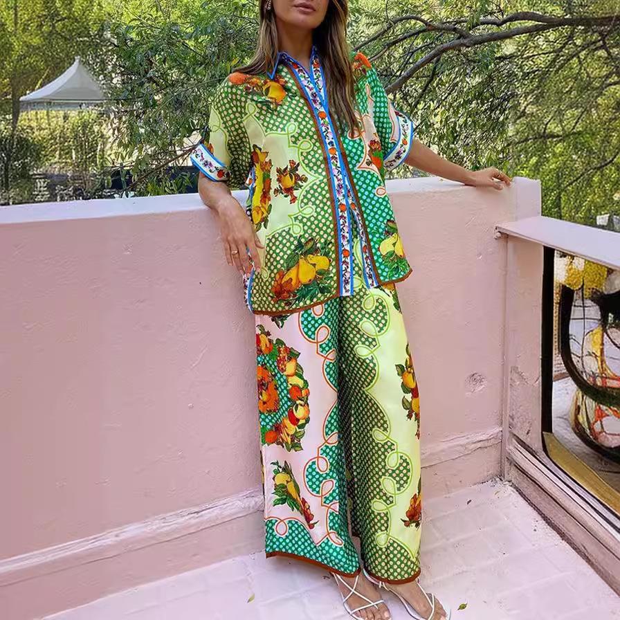 IHUASU Атласная рубашка с лацканами с коротким рукавом и принтом + брюки, повседневный комплект из 2 предметов