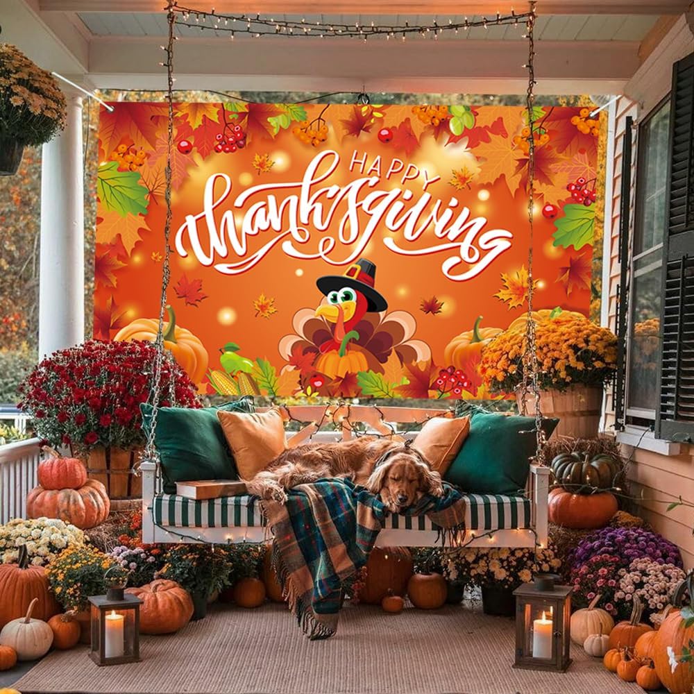 Thanksgiving Backdrop, Large Happy Thanksgiving Banner 72x44 Inch Turkey Maple Leaf Pumpkin Decorations Gifts for Indoor Home Photography Party