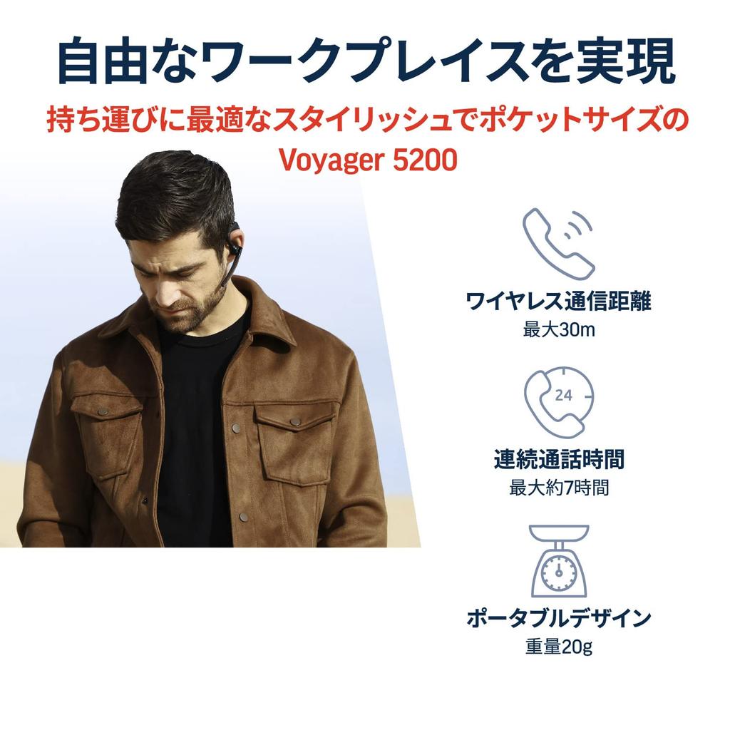 PLANTRONICS Poly Voyager 5200 Bluetooth Wireless Headset, Single Earphone, Mono Earbud Type, Noise-Canceling Microphone, Smartphone Compatible