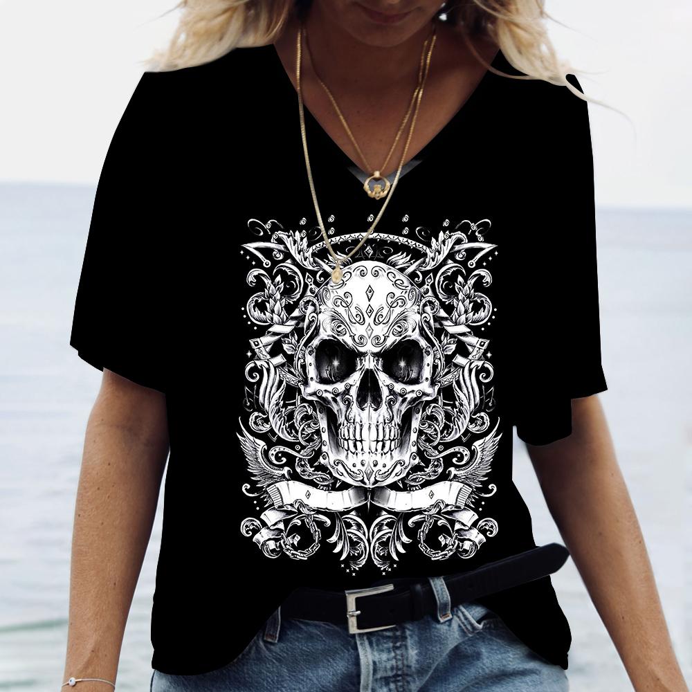 3D Черепа Цветочный Принт Женские Футболки Модные Футболки С V-образным Вырезом Короткие Рукава Летняя Повседневная Женская Одежда Свободные Топы Уличная Одежда
