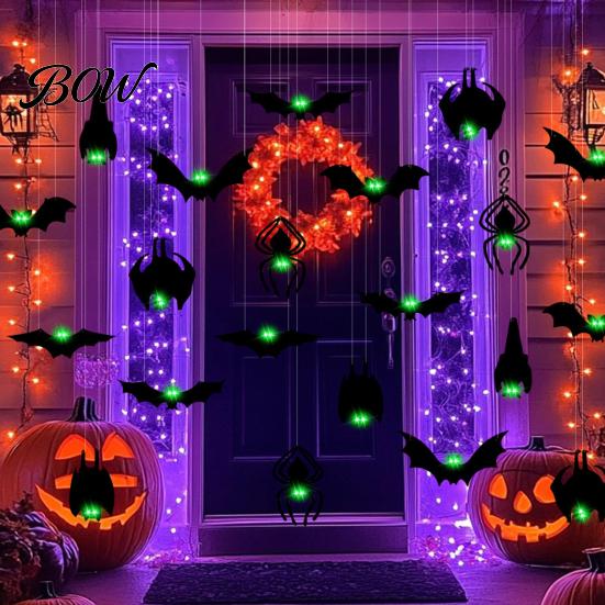 Indoor Halloween Hanging Bats 12 Pcs Decorations with Glowing Eyes, 3D Realistic Spooky Fake Flying for Haunted House Porch Garden Wall Window