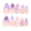 24pcs French Fresh Nail Art Wearer Purple Smudge 3D Flowers Wearer Nail Piece Almond Fake Nails