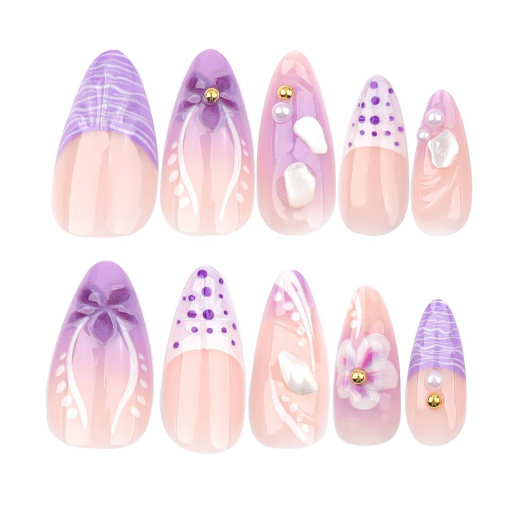 24pcs French Fresh Nail Art Wearer Purple Smudge 3D Flowers Wearer Nail Piece Almond Fake Nails