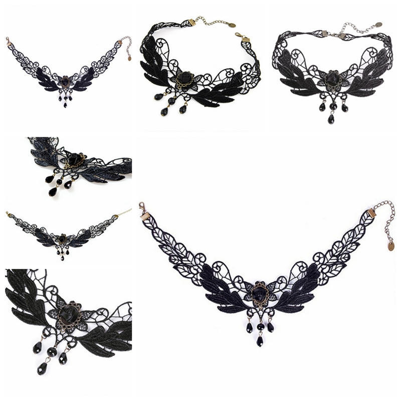 Женское ожерелье-чокер с подвеской в виде капли черной розы в стиле Лолиты