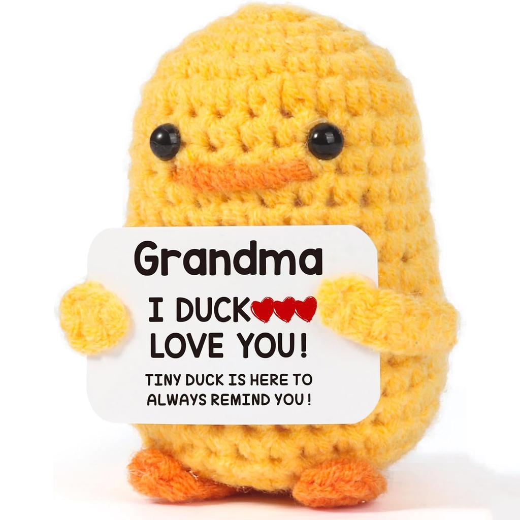 Positive Energy Duck Handmade Plush Wool Knitting Doll With Card Funny Crochet Duck Ornament Christams Gift Home Room Decoration