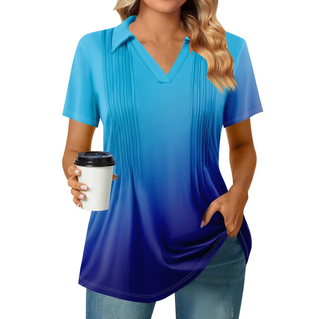 Женские футболки с коротким рукавом, плиссированные, с V-образным вырезом, с принтом, с воротником, летние топы, модные, деловые, повседневные, рабочие