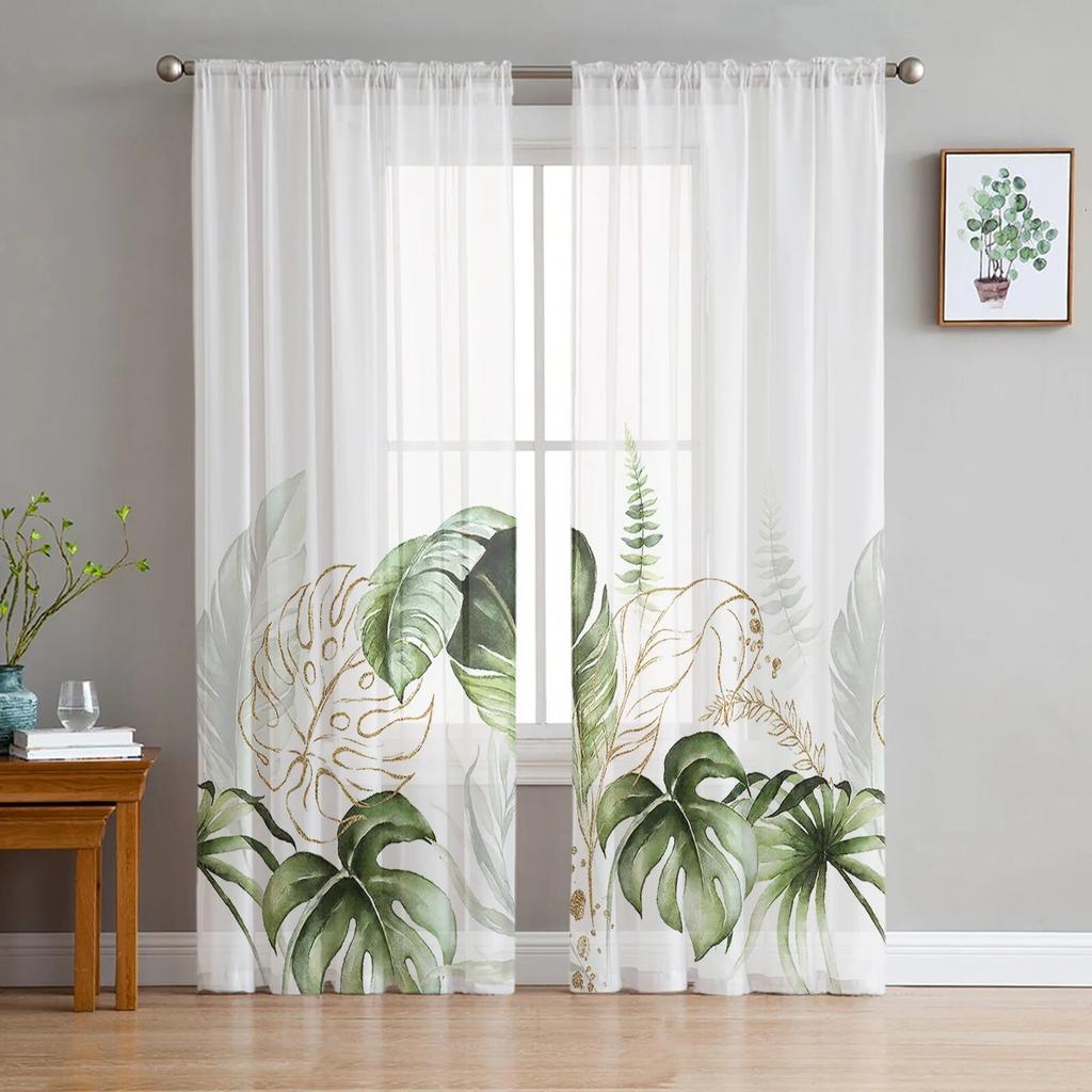 Tropical Plants Sheer Window Curtains for Living Room Girl Bedroom Tulle Curtains Kitchen Veil Chiffon Drapes