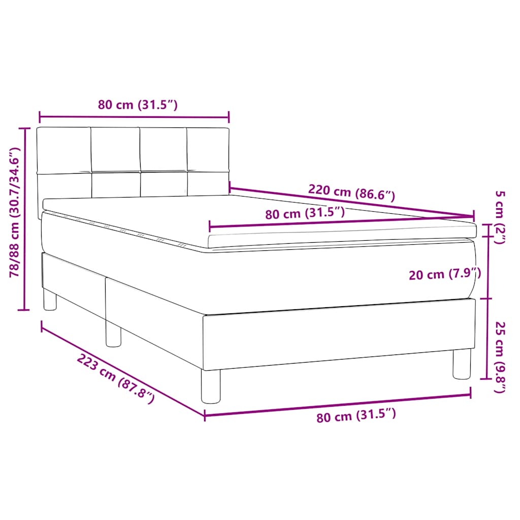 Box Spring Bed with Mattress & LED Lighting Dark Blue 80 x 220 cm Velvet