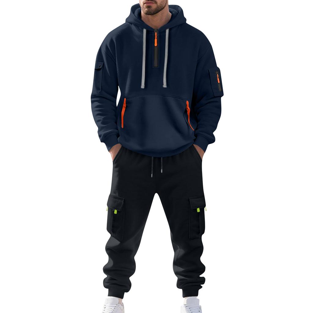 Men's Solid Color Casual Suit Loose Sports Hooded Sweatshirt With Pockets Multi Pocket Overalls Suit