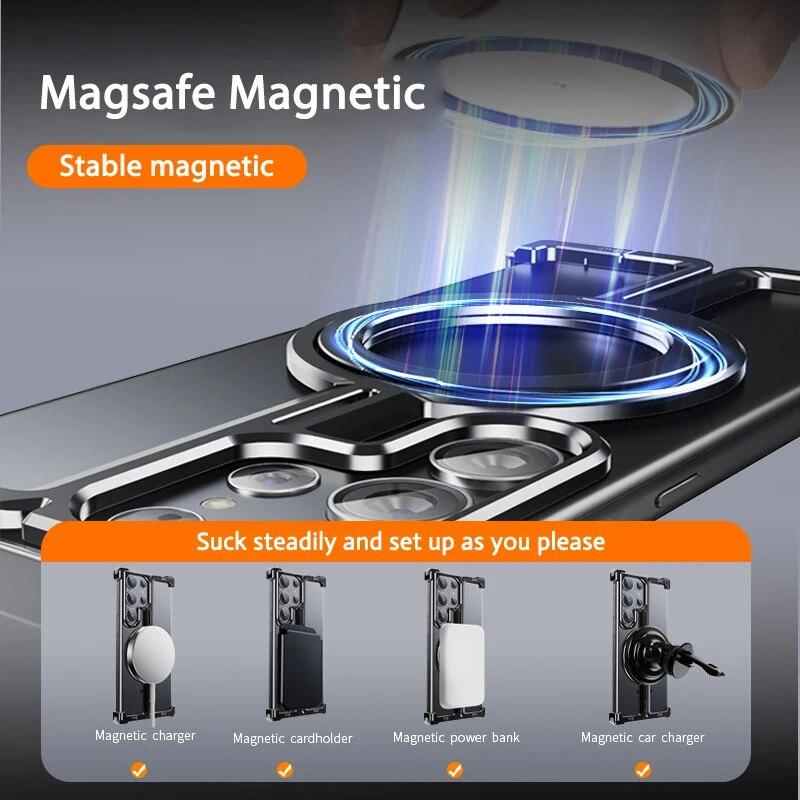 Роскошный магнитный металлический чехол Magsafe без оправы для телефона с подставкой для Samsung Galaxy S24 Ultra 24 Plus, металлический чехол из алюминиевого сплава для iphone 15 14 13 12 Pro Max
