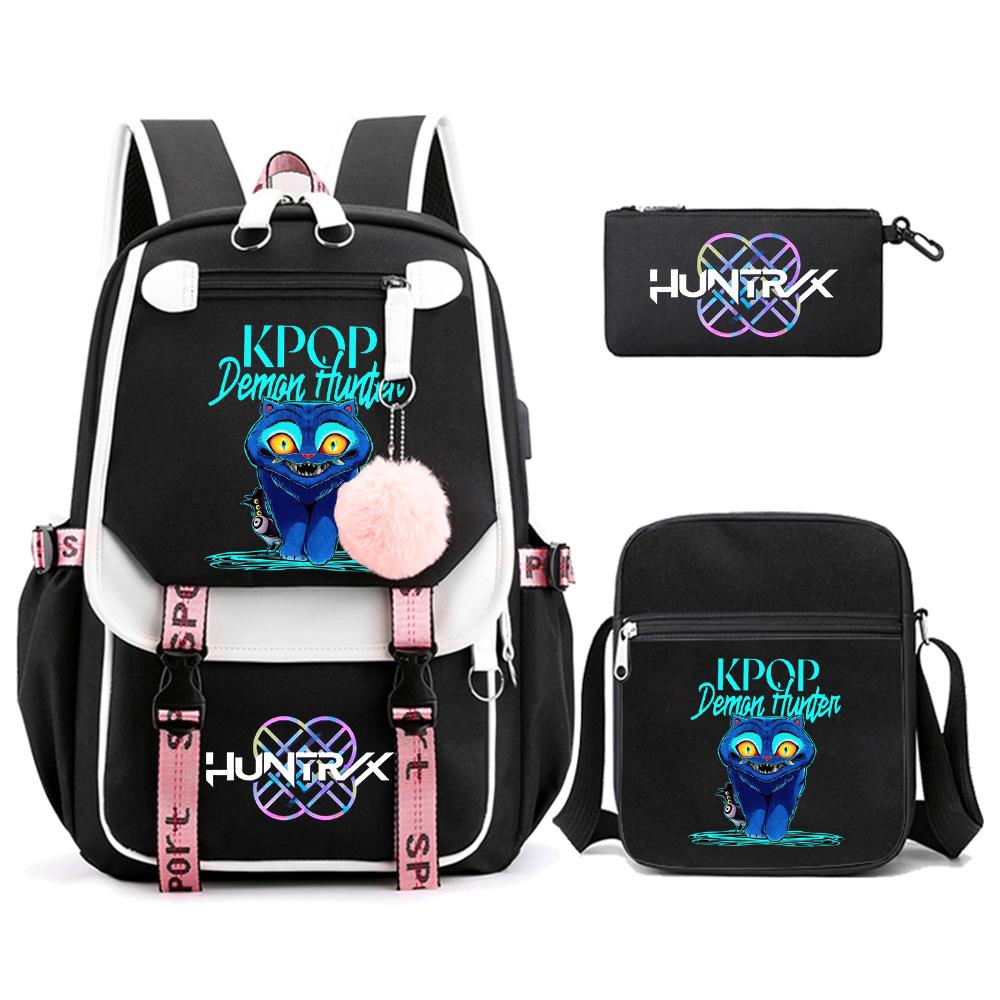 3Pcs/set Anime Cute Kpop Demon Hunters Printed Backpack with Shoulder Bag Pencil Case for Teenager Girl Boy Bookbag Large Capacity Travel Bag Kid Gift