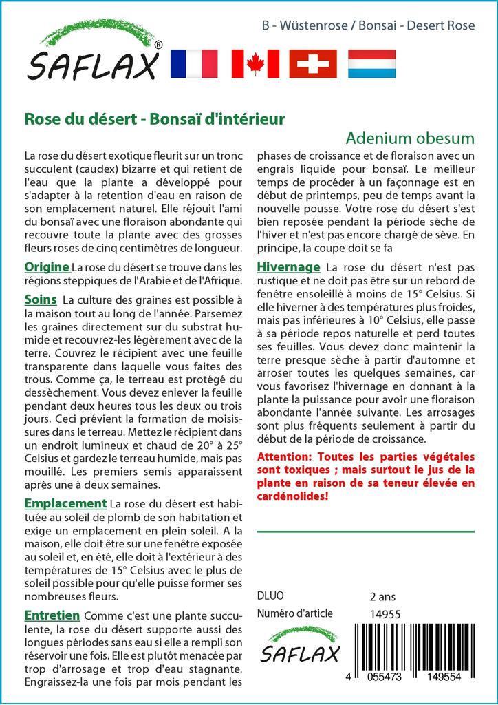 SAFLAX Garden in the Bag - Бонсай - Роза пустыни - 8 семян - С субстратом в подходящем пакете - Adenium obesum